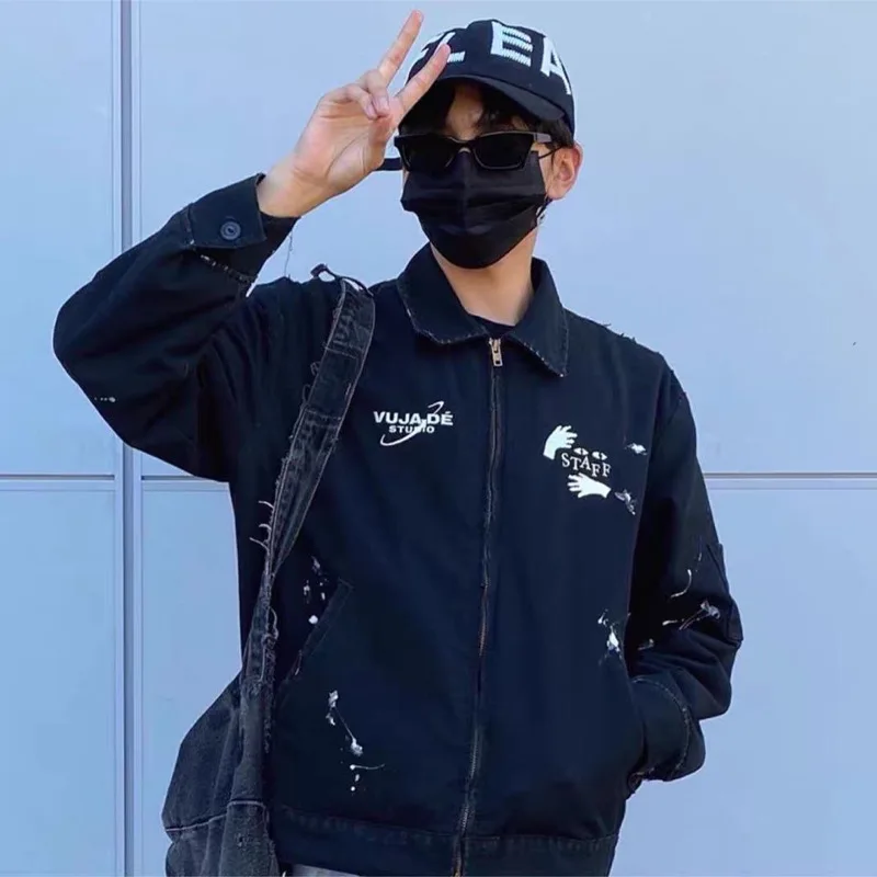 

VUJADE Letter Embroidery Print Washed Vintage Jackets Men's Women's Jacket Men's Coat Men's Clothing Techwear Traf Men Coat