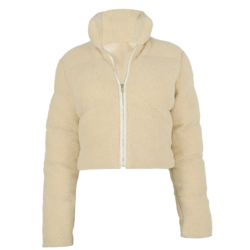 

Women Long Sleeve Zipper Puffer Jacket Stand Collar Shiny Metallic Faux Leather Cropped Bubble Coat Quilted Parkas