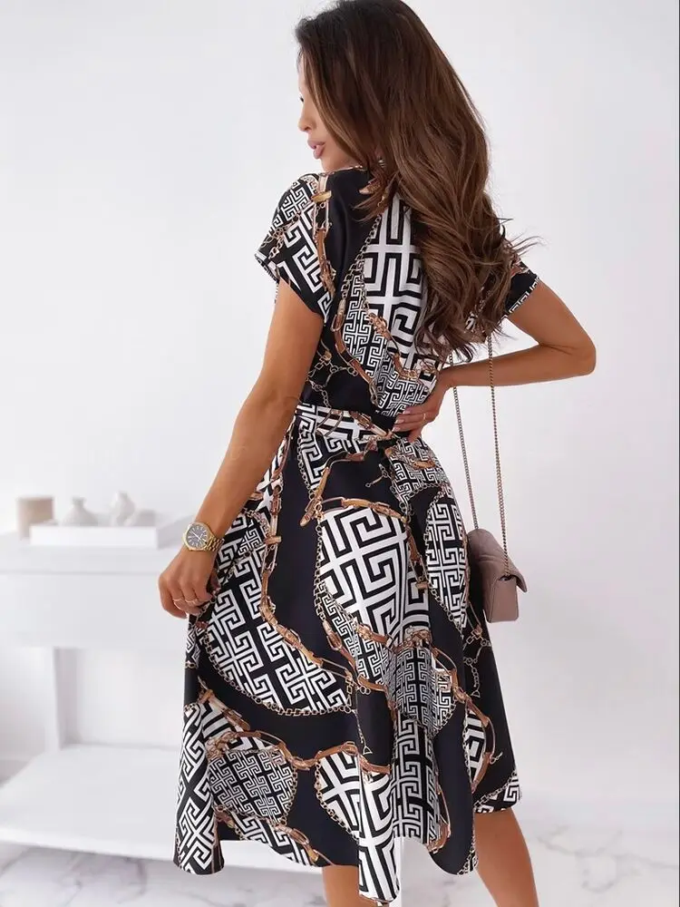 

Summer Elegant Lace-Up Belt A-Line Dress Office Lady Fashion Vintage Pattern Print A-Line Midi Dresses Women V-Neck Party Dress