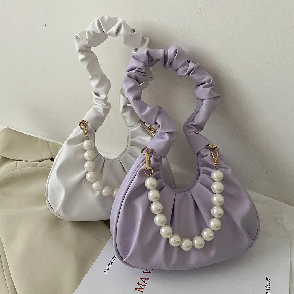 

Women Elegant Handbag Totes Portable Pearl Handle Underarm Shoulder Bags Pleated PU Leather Female Girl Fashion Handbags