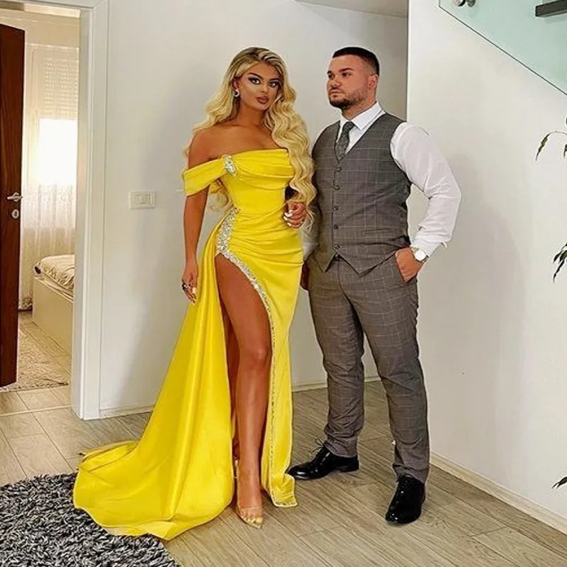 

Yellow Strapless Crystal Beads High Split Mermaid Prom Cocktail Dress Banquet Party Dress