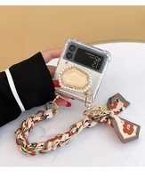 diy luxury pearl diamond holder scarf bracelet chain case for samsung galaxy z flipflip3 flip4 5g transparent shockproof case