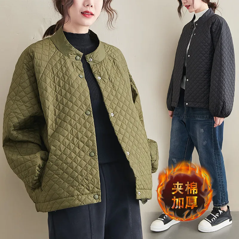 

Winter Women Oversize Warm Coats Female Casual Plaid Print Cotton-Padded Jacked Lady O-Neck Loose wadded jacket Black Clothes