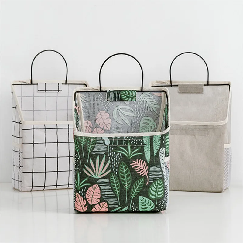 

Wall lattice Hanging Storage Bags Bedside Storage Cotton Linen Door Organizer with Hook Bed Pocket Bedroom Home Office Container