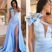 sexy a line evening dresses crystals beads 3d flower sleeveless high split cut out one shoulder prom dress sky blue party gown