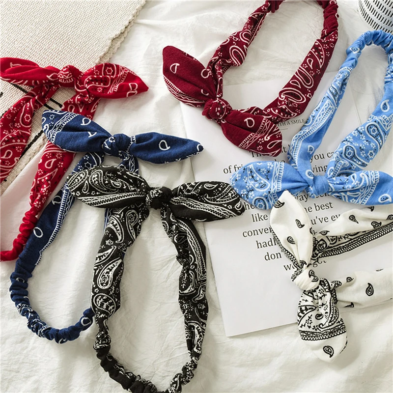 

Retro Print Headband Rabbit Ears Knotted Elastic Hairband Cross Turban For Women Girls Floral Headwear Elegant Hair Accessories