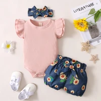 summer baby girl clothing flare sleeve solid romper tops floral shorts headband infant girls outfits clothes