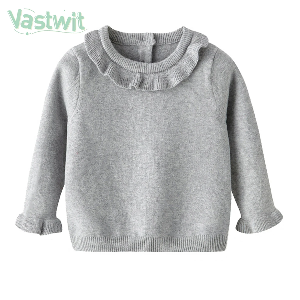 

Осень-зима 2021, теплый вязаный пуловер для девочек белого и серого цвета, детский базовый свитер с оборками и круглым вырезом, эластичный вяз...