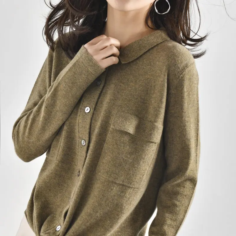 Spring New Womens 100% Wool Shirt Collar Long Bottom Cardigan Pocket Fashion Colors Female Knit Classic Sweater Pure Merino |