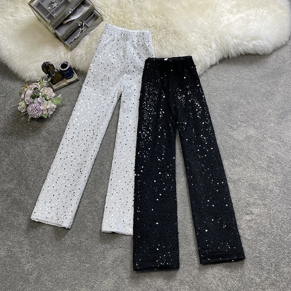 Брюки женские повседневные с высокой талией и блестками драпированные широкие
