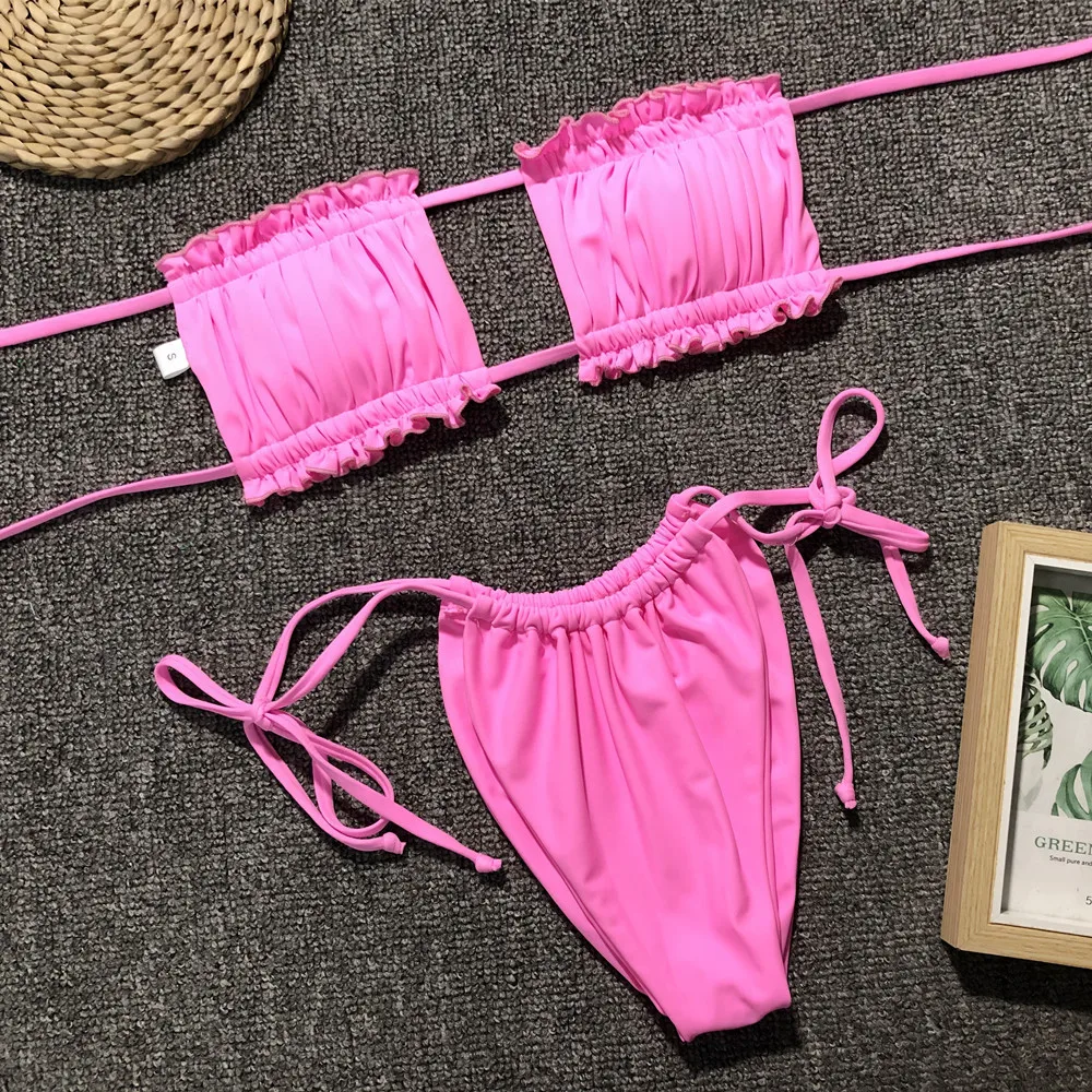 Women Bandage Fold Sexy Bikinis Set Summer Off Shoulder 2 Two Piece Swimsuit Woman String Swimwear Solid Color Thong Biquinis | Женская