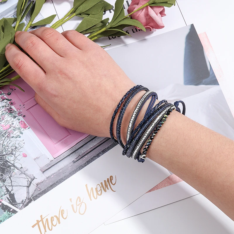 Многослойные кожаные браслеты ZG с хрустальными бусинами женский браслет из