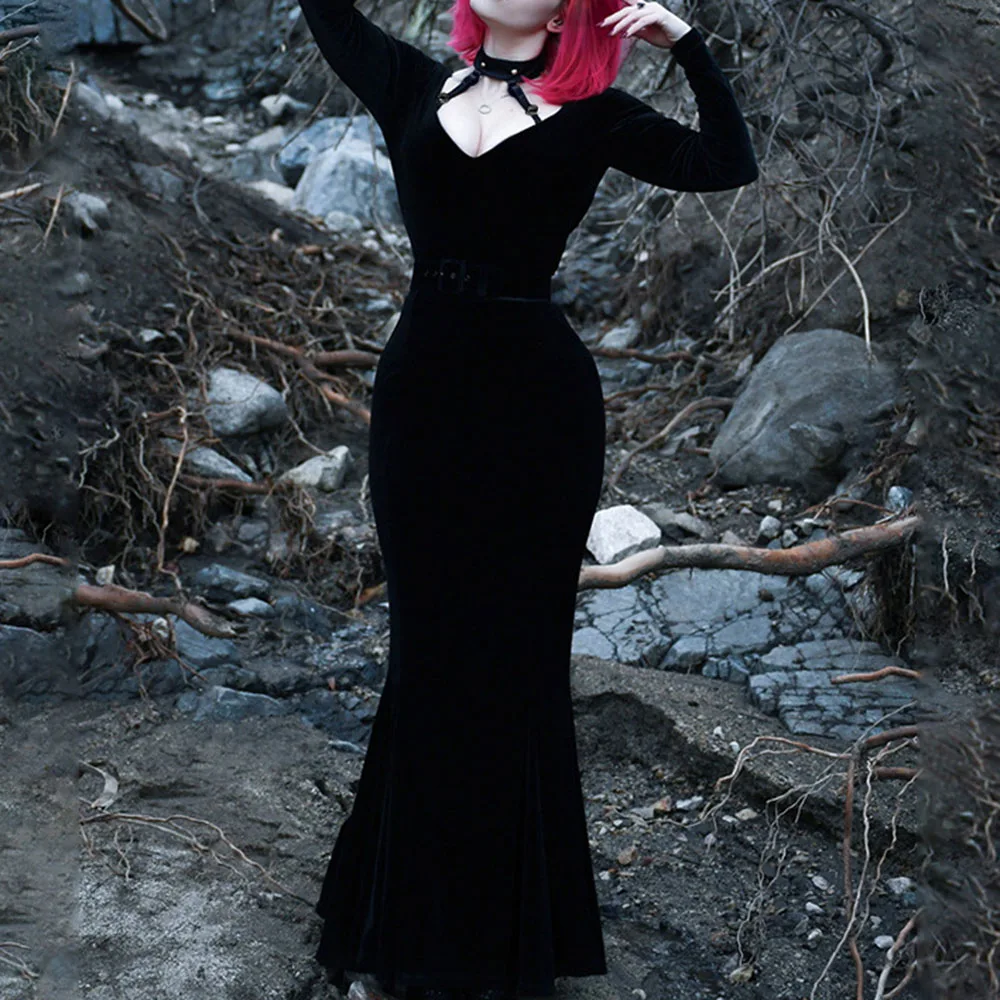 

Женское длинное платье-Русалка Rosetic, готическое платье с лямкой на шее, однотонное черное элегантное облегающее вечернее платье в стиле рет...
