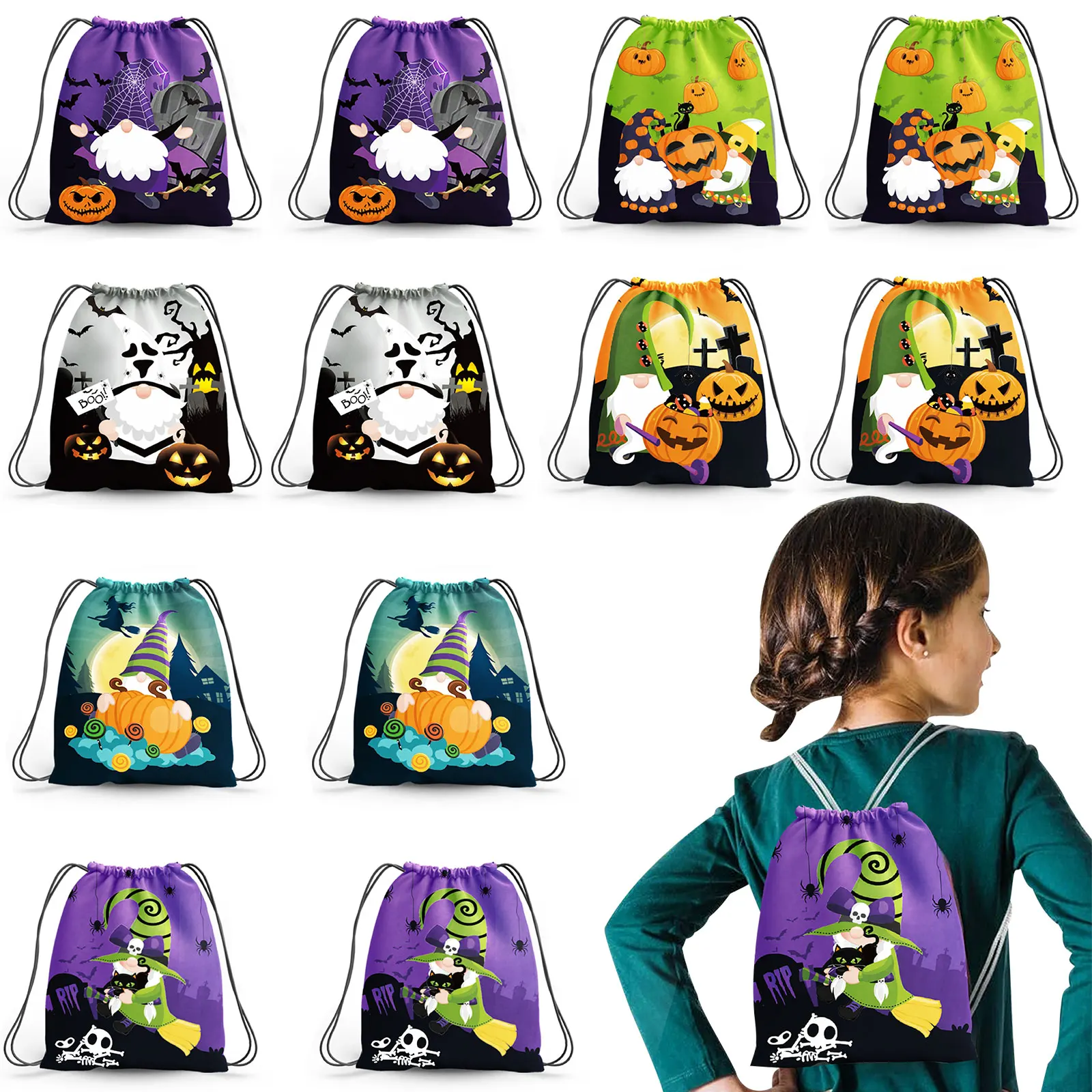 

2021 New 12 Piece Halloween Drawstring Dwarf Decorative Candy Bag Bundle Mouth Backpack Bag Halloween Candy Bundle Pocket