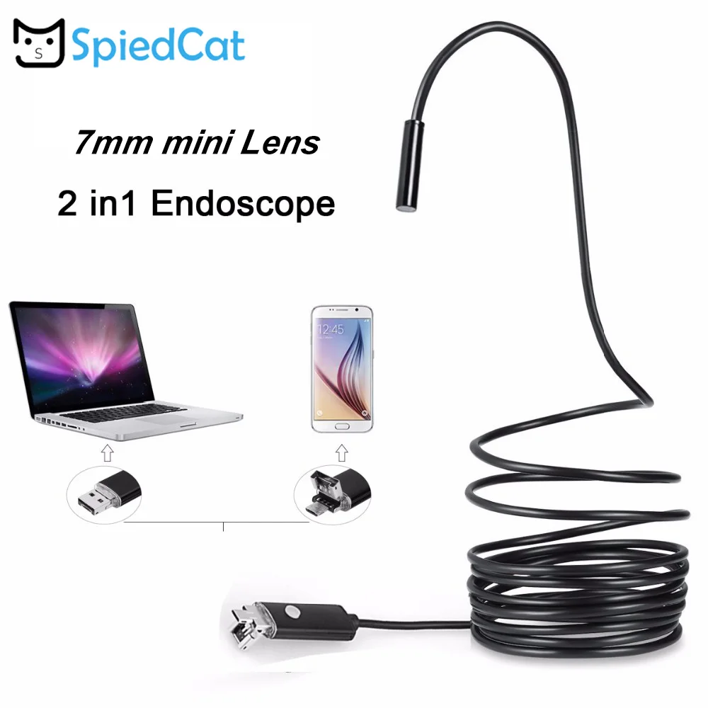 Эндоскоп с 6 светодиодами и объективом 7 мм водонепроницаемый гибкий кабель 2 в 1