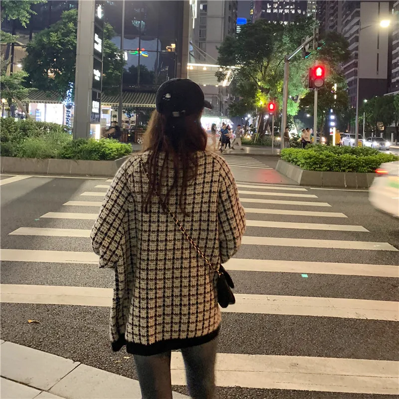 

Autumn Winter Women 2020 New Sweater Coat Vintage Plaid Long Sleeve Single Breasted Loose Knitted Cardigan Lady Korean Outwear
