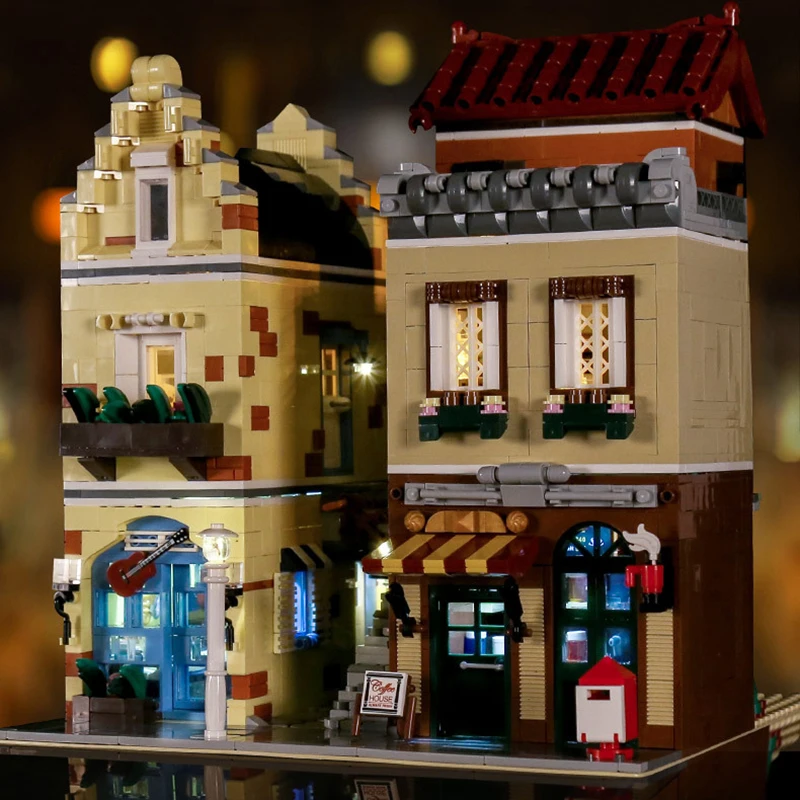 

New MOC Coffee House With LED Paradise Corner Restaurant Building Blocks Bricks Creative Cities Street View Toy for Kids Gifts