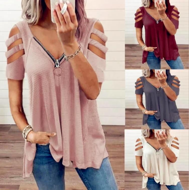 

Spring Autumn Fashion Colors Sexy Zipper Women Plus Sizes Hole Loose Big Large Vintage Fashion T Shirts Tops Tees