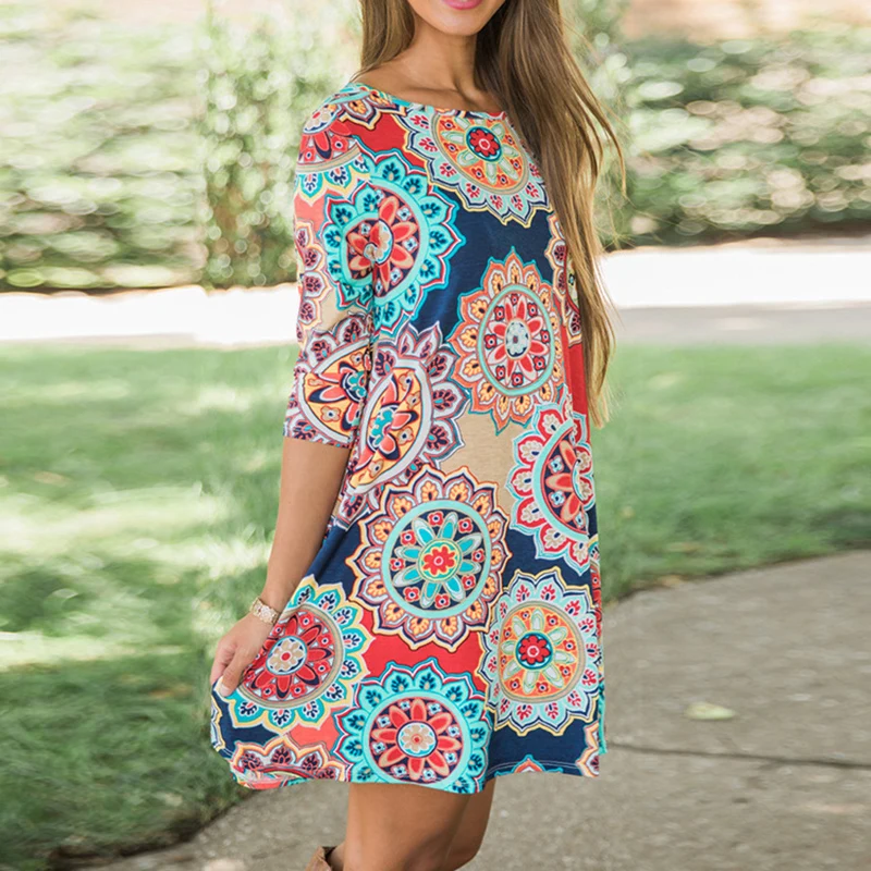 

Floral Tunic Dress with Pockets Round Collar Printing for Women Lady Party Beach EIG88