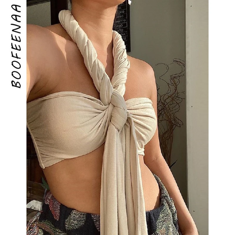 BOOFEENAA трендовые укороченный топ на бретельках без спинки женские пикантные