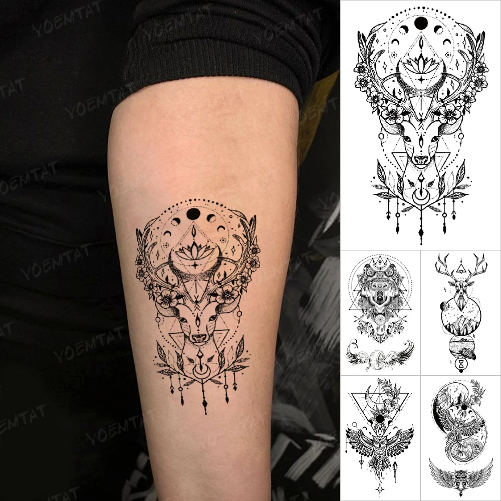 

Waterproof Temporary Tattoo Stickers Deer Flower Wolf Feather Owl Moon Animal Flash Tatto Men Women Line Body Art Fake Tattoos