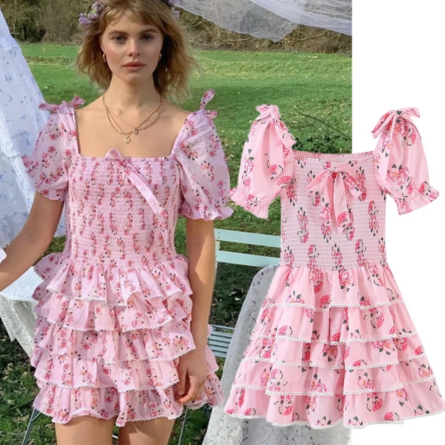 

Withered 2022 Spring And Summer Dress Fashion Blogger Indie Folk Floral Printing Sexy Square Collar Sexy Mini Party Dress Women