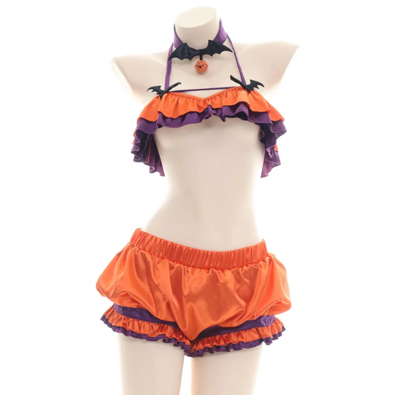 

New Halloween Pumpkin Bikini Pajamas Cosplay Costume Sexy Home Service Women Girls Sets (Bra + Shorts + Neck Ring ) C27M31