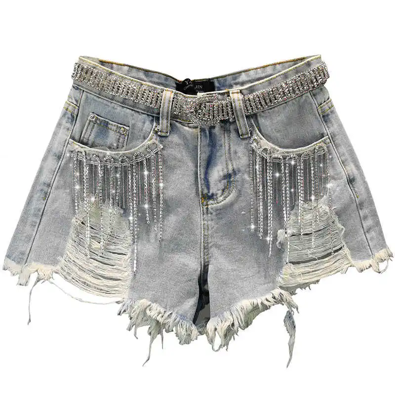 

blue All-match Heavy industry water drill tassel hole denim shorts women's 2021 summer wear new loose and thin woolen hot