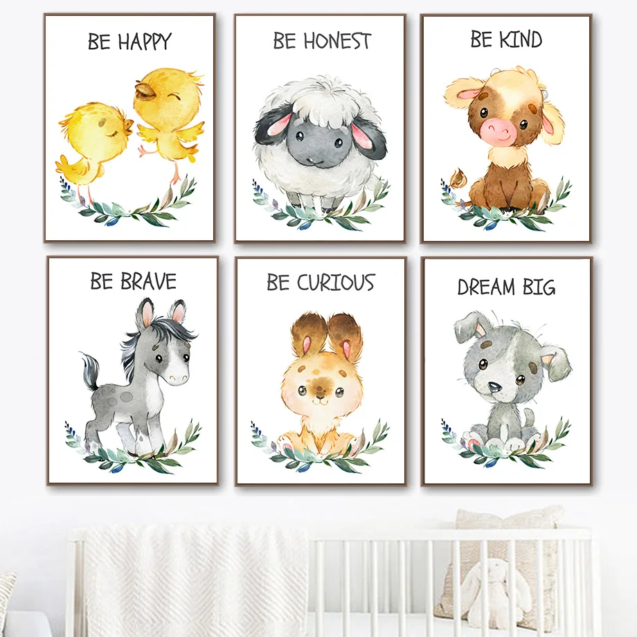 

Dog Rabbit Duck Sheep Nursery Nordic Posters And Prints Cartoon Animal Wall Art Canvas Painting Wall Pictures Kids Room Decor
