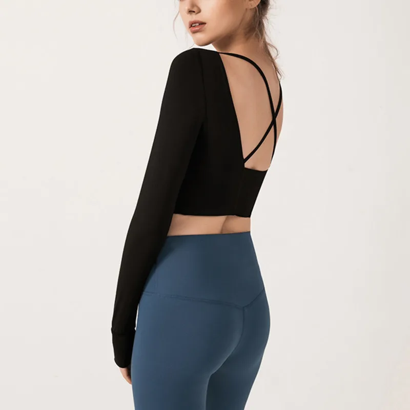 Укороченный топ с открытой спиной и длинным рукавом Женская бесшовная рубашка