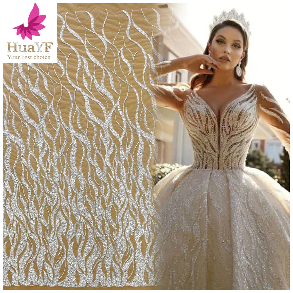 

2021 High Quality White Full Beads Heavy Embroidery Party Dress Bridal Gown Dress Lace Fabric HY1613-4