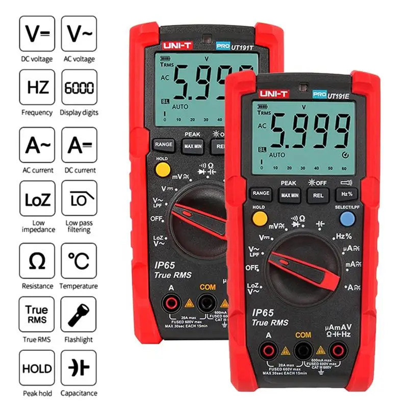 

UNI-T Digital Multimeter Set UT191T UT191E True RMS Auto Range 6000 Count DMM 20A Ammeter 600V Volt ACV Tester