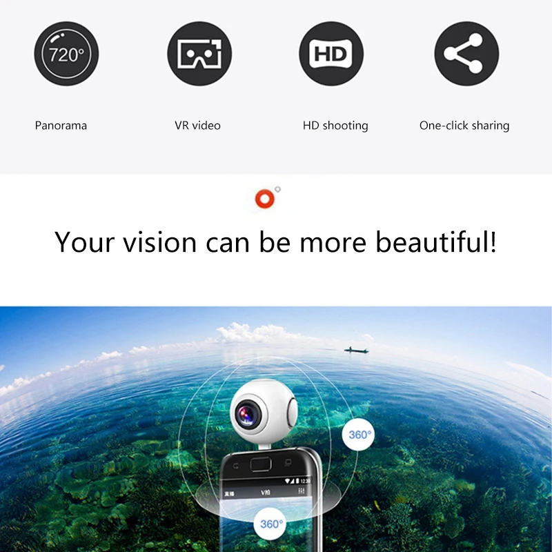 360-Degree Panoramic Camera 720-Degree High-Definition Fisheye Dual-Lens Mobile Phone VR Sports Selfie 1080P 2MP 