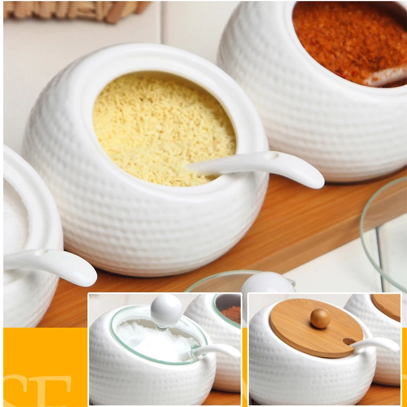 

[ 4+1 Sets ] Ceramic seasoning pot kitchen supplies box household combination bottle oil salt pot, with bamboo base