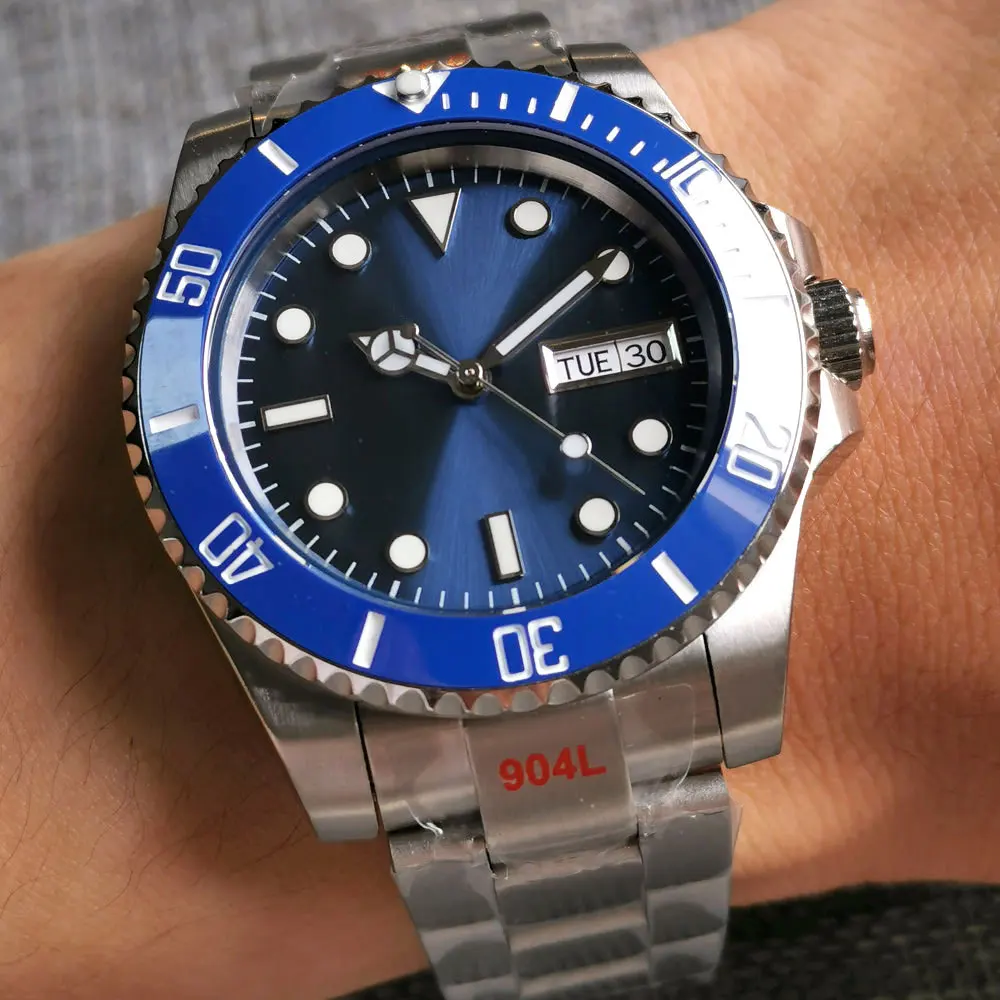 

24 Jewels NH36A SelfWinding Men Watch Series Day Date SUB 40MM Case Slope Insert Brushed Oyster Strap Flat Sapphire