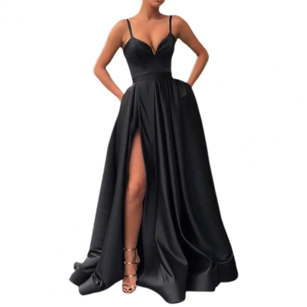 

Женское атласное платье-трапеция с Боковым Разрезом, без рукавов, на бретельках, банкетное платье для вечеринок