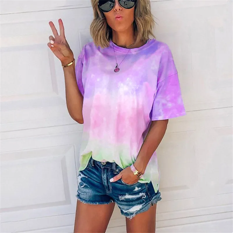 

The New Summer 2021 Tie-dye gradual print loose T-shirt Oversize women's Shirt O-Neck Short Sleeve T-shirts for Women