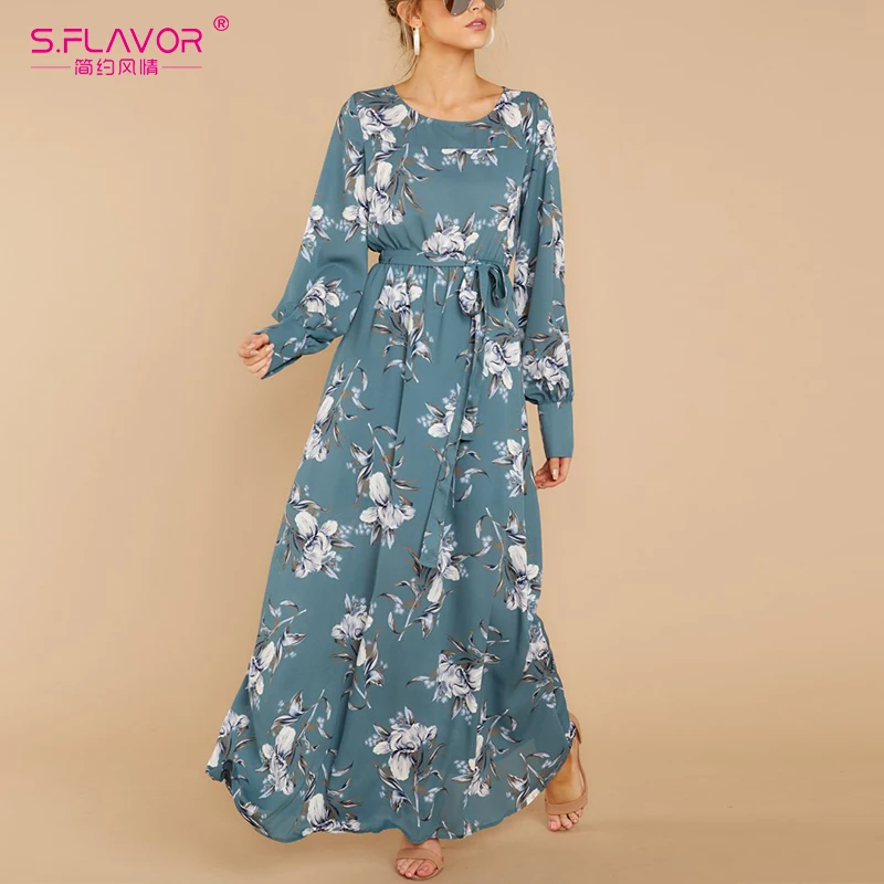 Женское повседневное платье с принтом S.FLAVOR длинное О-образным вырезом рукавом 3/4