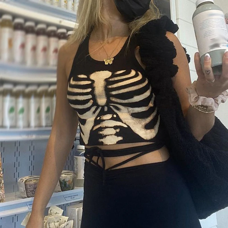 

Y2K Goth Tank Top Ribbed Girl Cropped T Shirts Women Casual Fitness Vest Dark Academic Aesthetic Crop Tops