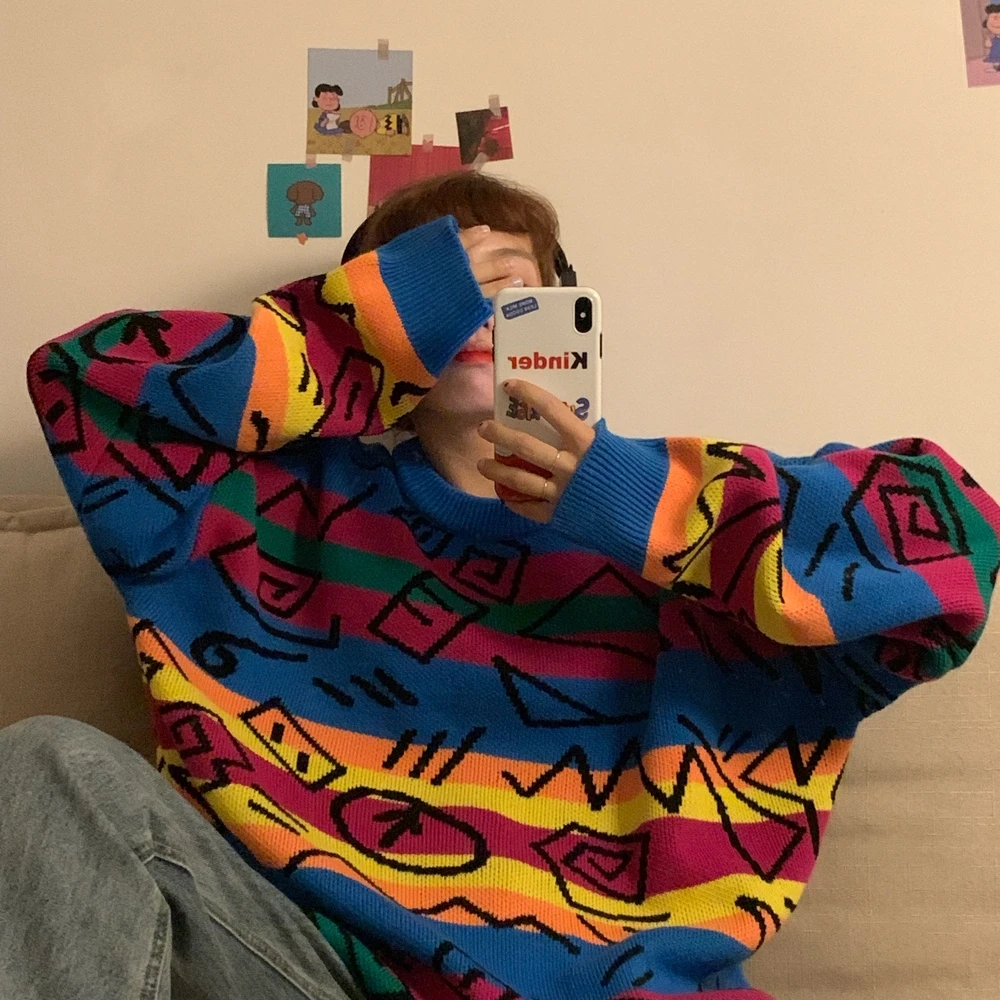 

Chic Retro Crazy Style Loose Pull Femme Graffiti Lover Rainbow Striped Knit Sweater O Neck Long Sleeve Patch Pulllover