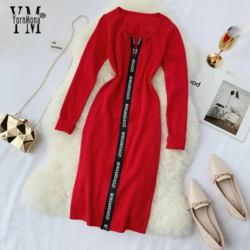 Красный YornMona Women Designer Casual Dress Letter Zipper O-neck Knitted Bodycon Dress Winter Elegant Ladies Office Dress Vestidos - Цвет: Красный