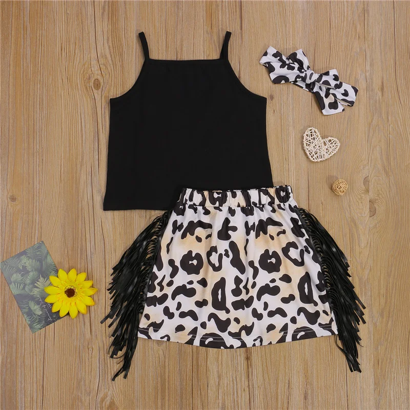 

Stylish 3Pcs Kids Summer Outfit, Solid Color Braces Vest + Leopard Print Tassels Short Skirt + Headband for Girls, 2-7 Years