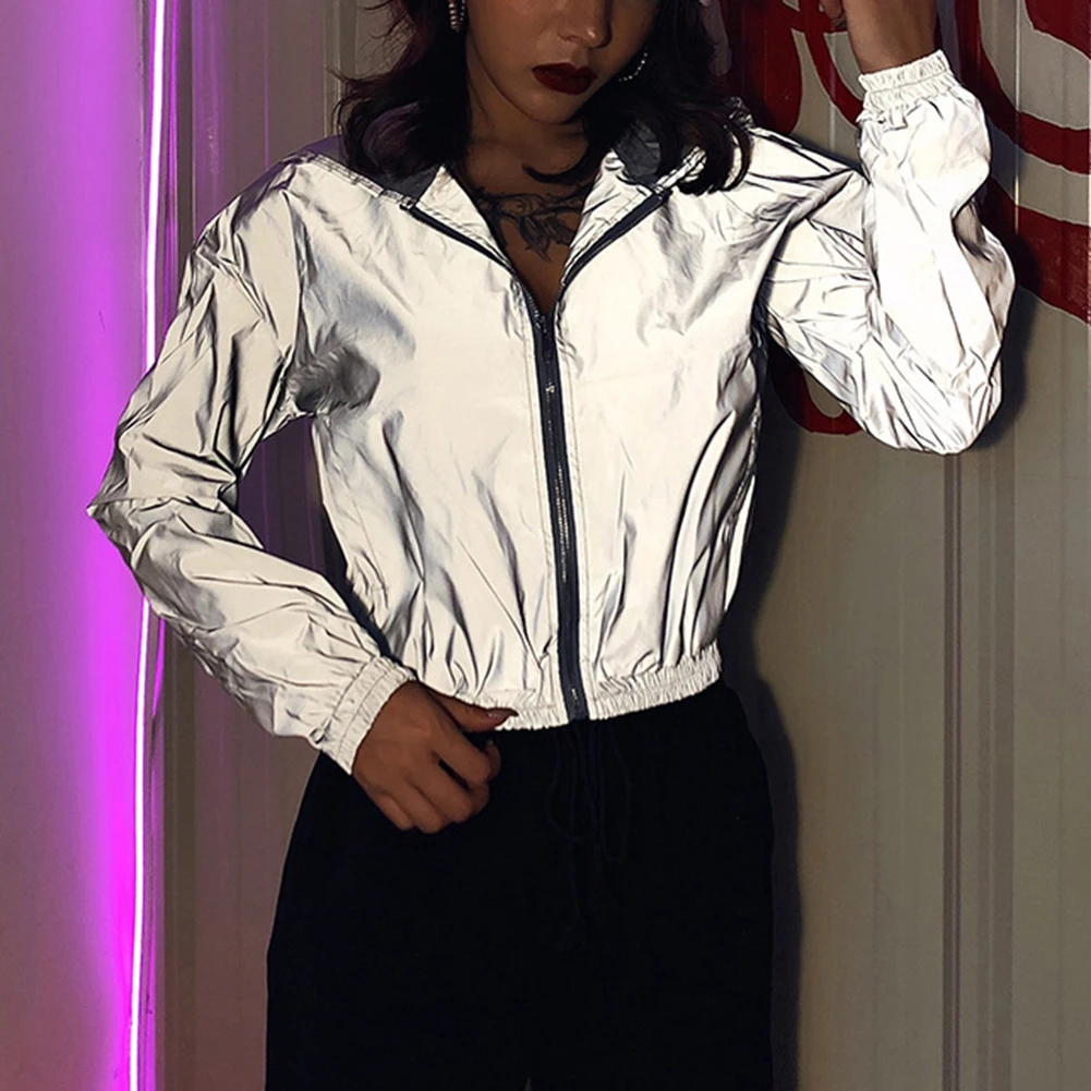 

Women Hip Hop Jacket Reflective Windbreaker Hoodie Zipper Up Outfit Long Sleeve Solid Wild Fashion Coat for Spring & Autumn 2020
