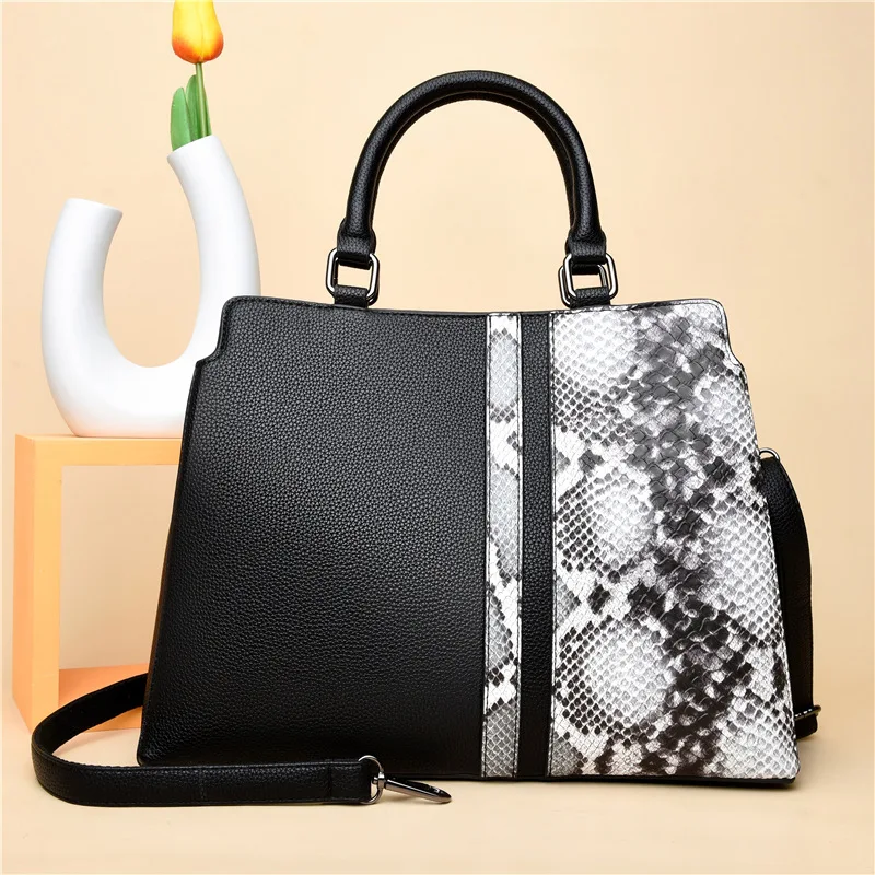 

Женская сумка-мессенджер со змеиным принтом, Модный вместительный портфель контрастных цветов на одно плечо, Роскошный дизайнерский сакво...