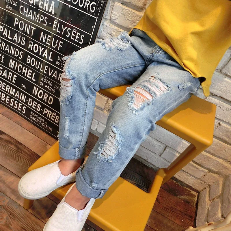 

Girls autumn winter cherry printed denim pants kids jeans kids trousers for teenagers ripped jeans 3-12Years