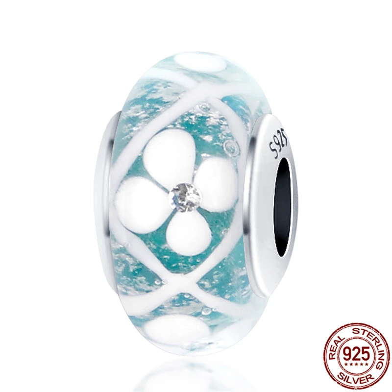 

925 silver color White Flowers Murano Glass Beads Charms Fit Original 925 Pandora Bracelets Bangle Making Women Jewelry Gift