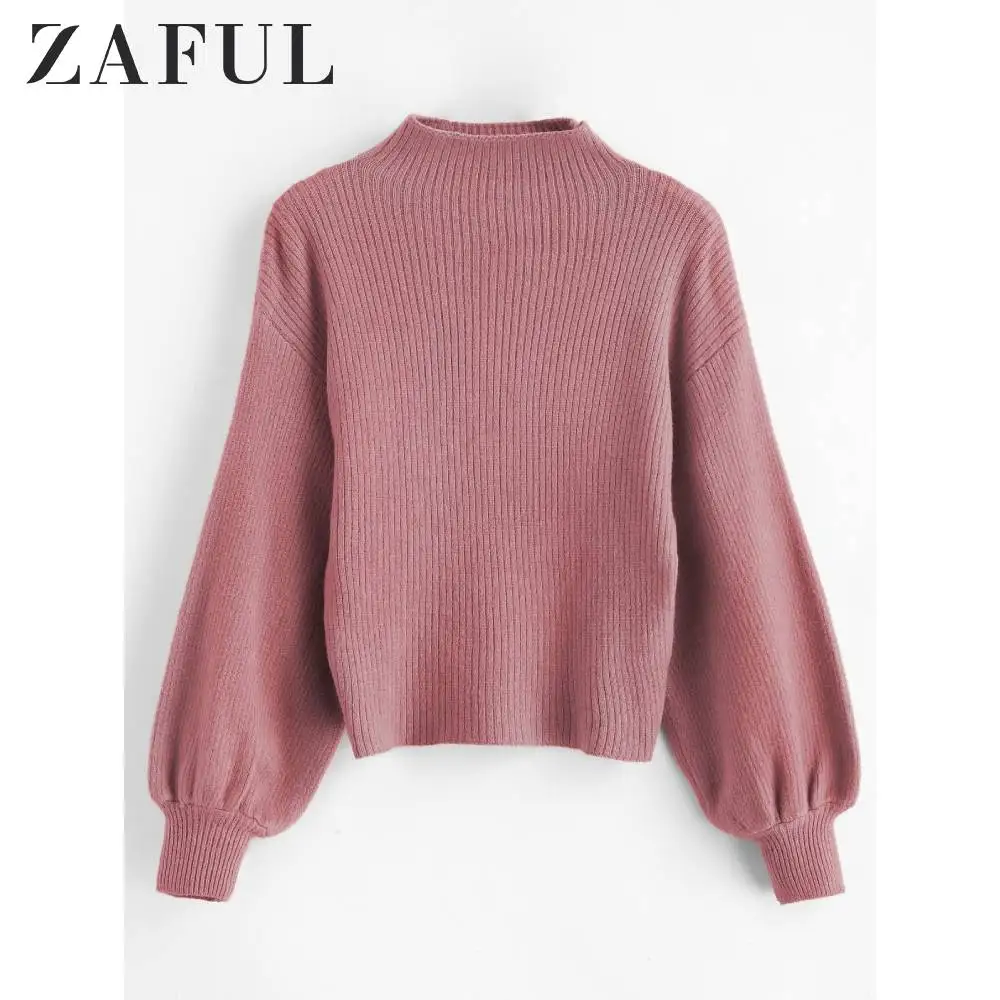ZAFUL Ribbed Funnel Collar Sweater Bubble Sleeve Basic Slim Pullovers Autumn Winter Women Tops Sweet Daily Casual Wearing 2019 | Женская