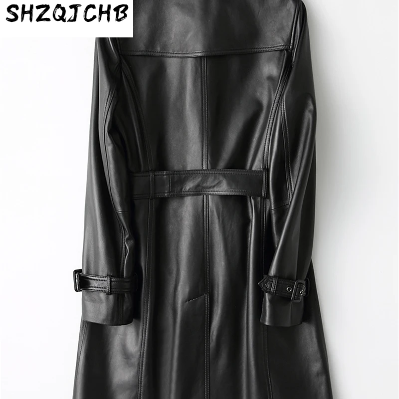 

JCHB 2021 New Spring Geniune Leather Jacket Women Long Slim Double Breasted Sheepskin Leather Coats Suit Collar Jaqueta couro L