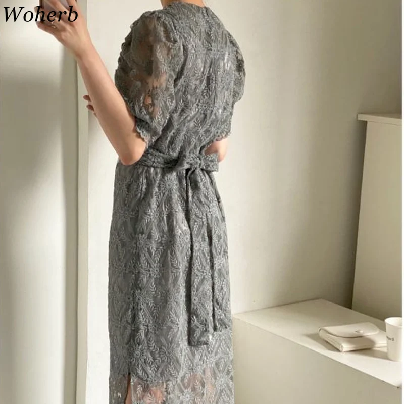 Женское кружевное платье Woherb элегантное с высокой талией облегающее пышными