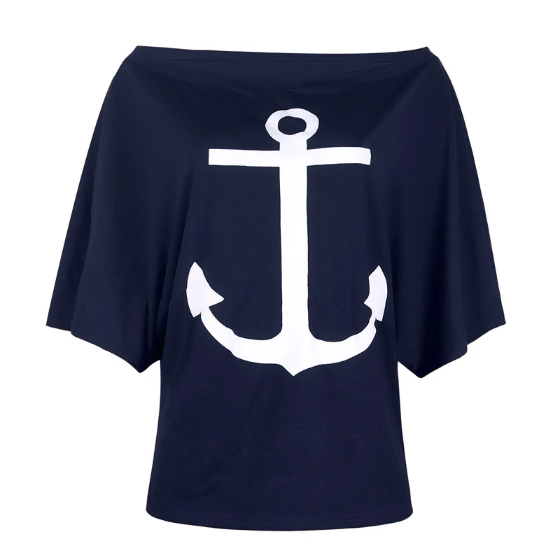 Women Anchor Print Loose T-shirt Summer Slash Neck Tees Casual Batwing Sleeve Tops T-shirts Plus Size | Женская одежда